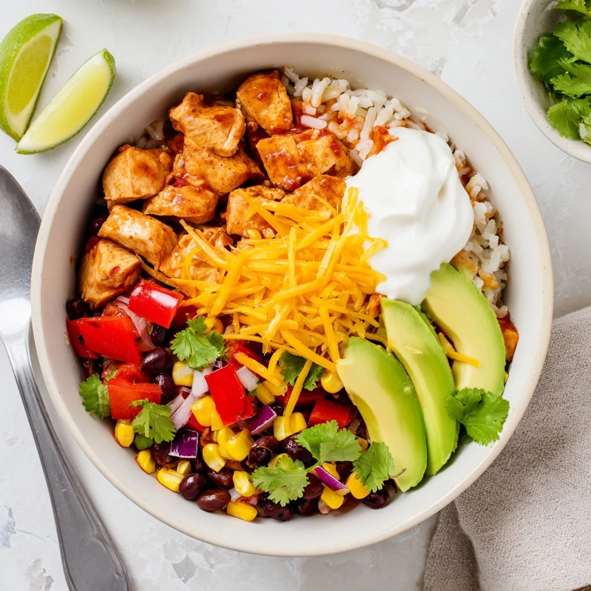 Heaping Instant Pot chicken burrito bowl drizzled with sour cream and lime juice