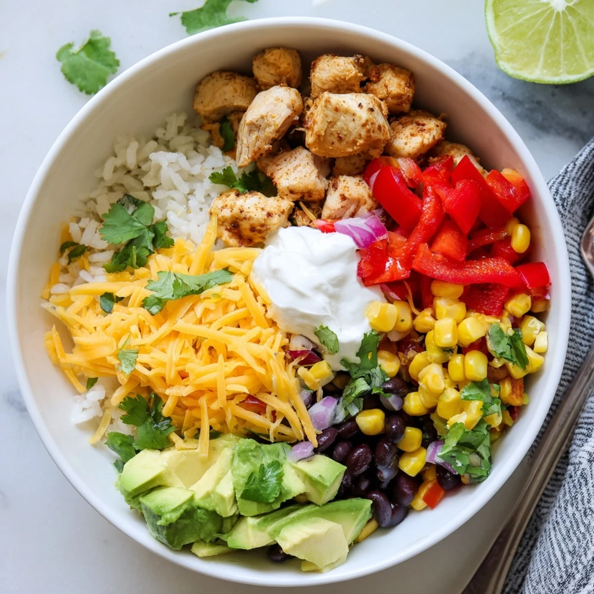 Colorful chicken burrito bowl featuring seasoned rice, black beans, corn, and tender chicken pieces