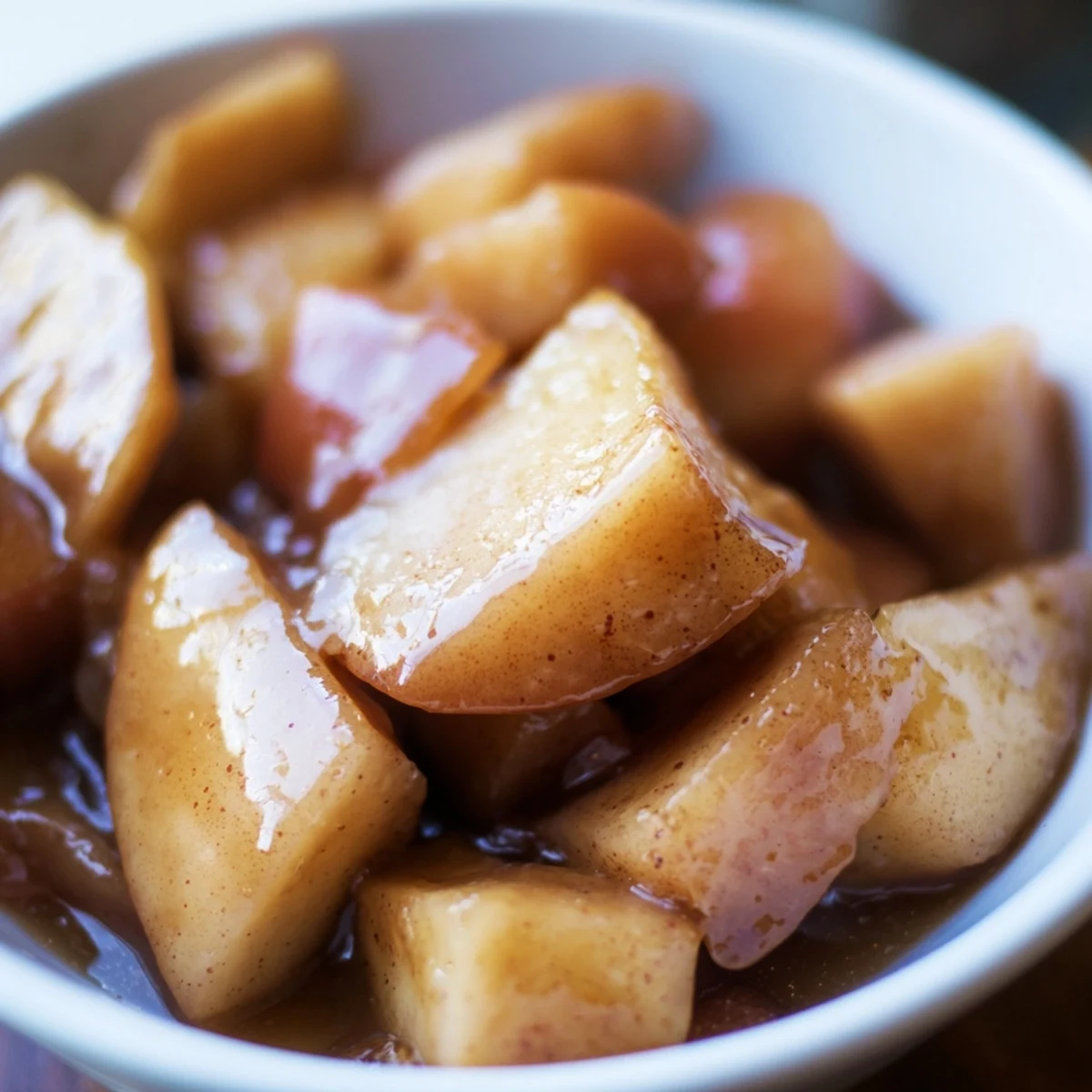 Cinnamon-coated apple wedges served in a bowl with dark caramel sauce and vanilla bean notes