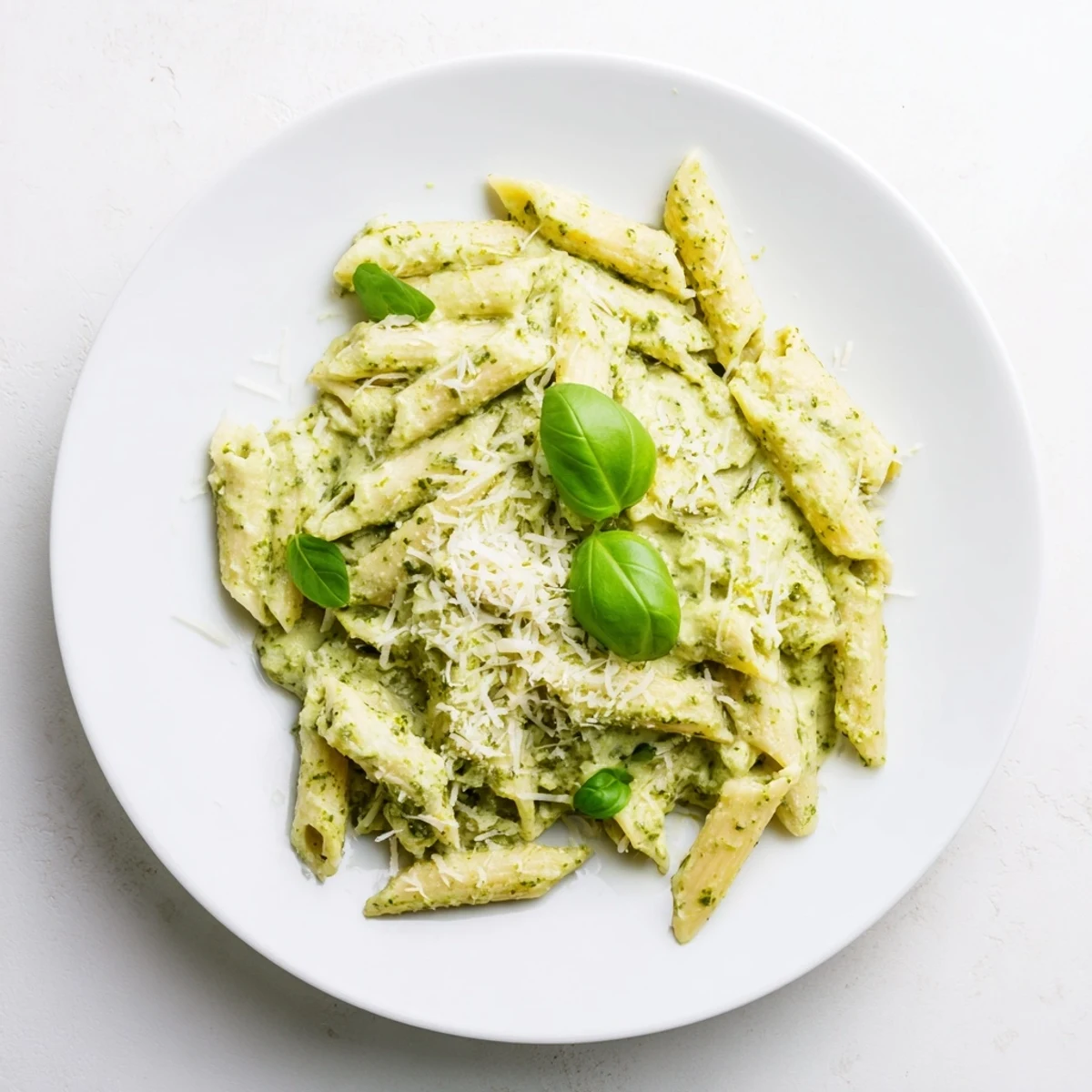 Creamy pesto pasta coated in rich green basil sauce with freshly grated Parmesan cheese