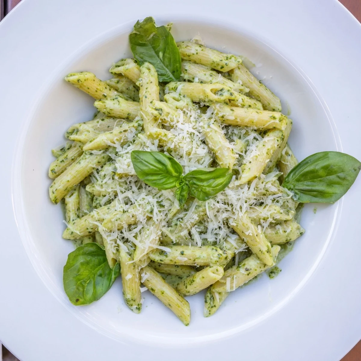 Bowl of creamy pesto pasta topped with fresh basil leaves and extra Parmesan garnish