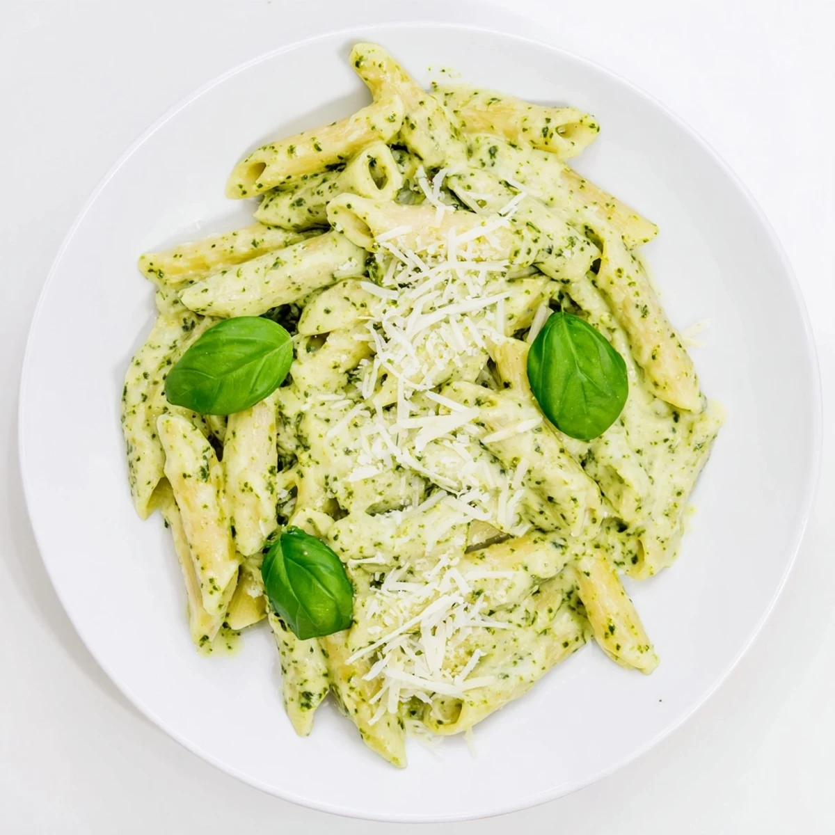 Savory creamy pesto pasta dish with garlic cream sauce and al dente penne noodles
