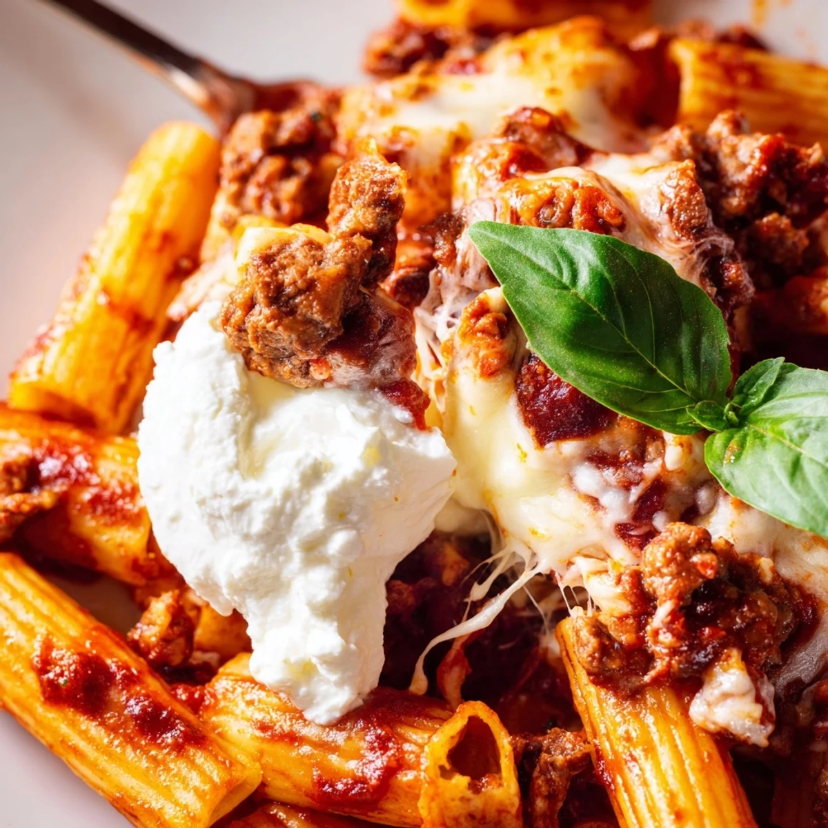 Golden brown slow cooker baked ziti with melted mozzarella and fresh basil garnish