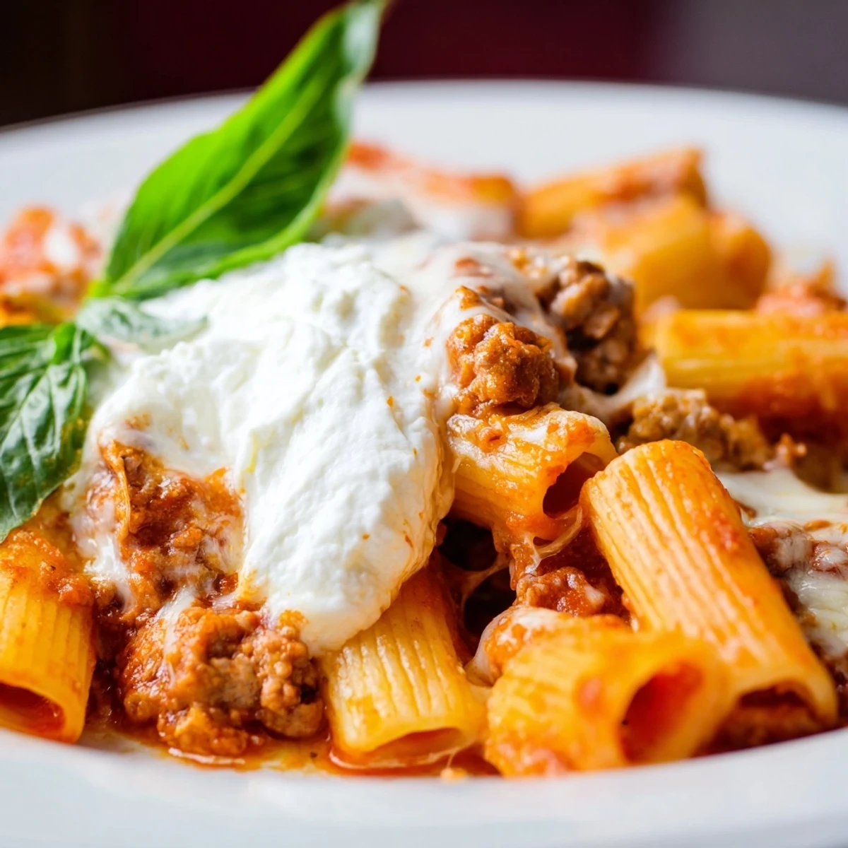 Creamy slow cooker baked ziti layers featuring ricotta, Italian sausage, and bubbling marinara sauce