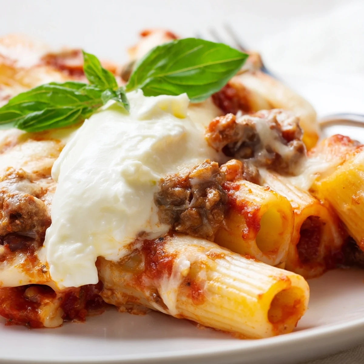 Family-style slow cooker baked ziti with tender pasta, savory sausage, and gooey cheese topping