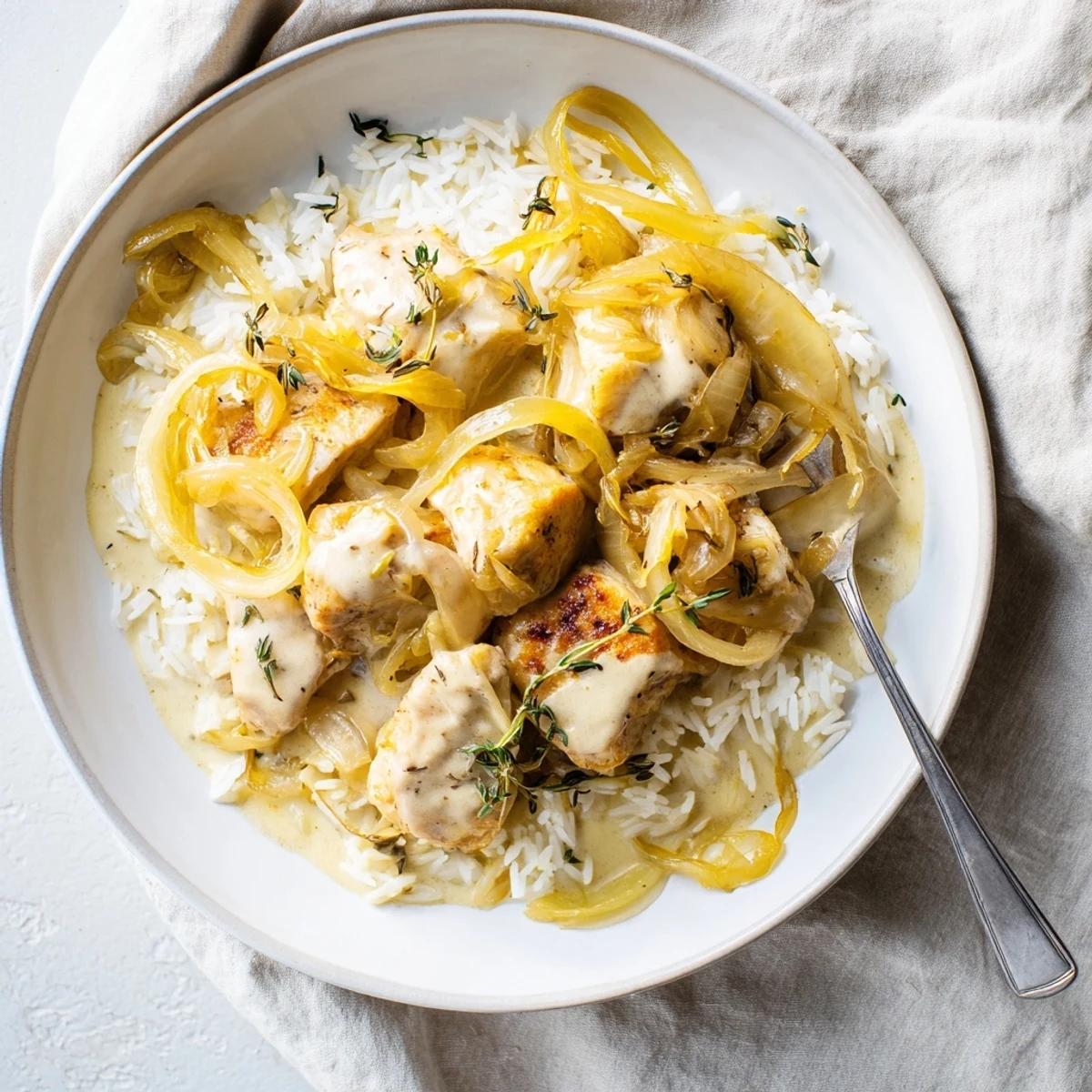 Creamy French onion chicken rice featuring golden chicken breasts nestled in rich Gruyère sauce with caramelized onions