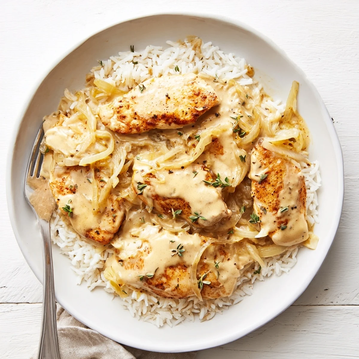 Golden brown chicken and rice in creamy French onion sauce topped with melted Swiss cheese