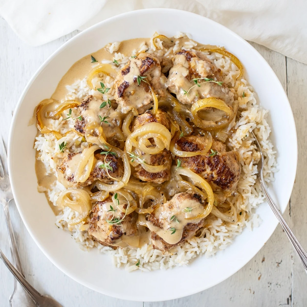 Hearty creamy French onion chicken rice bowl with tender meat and velvety cheese sauce