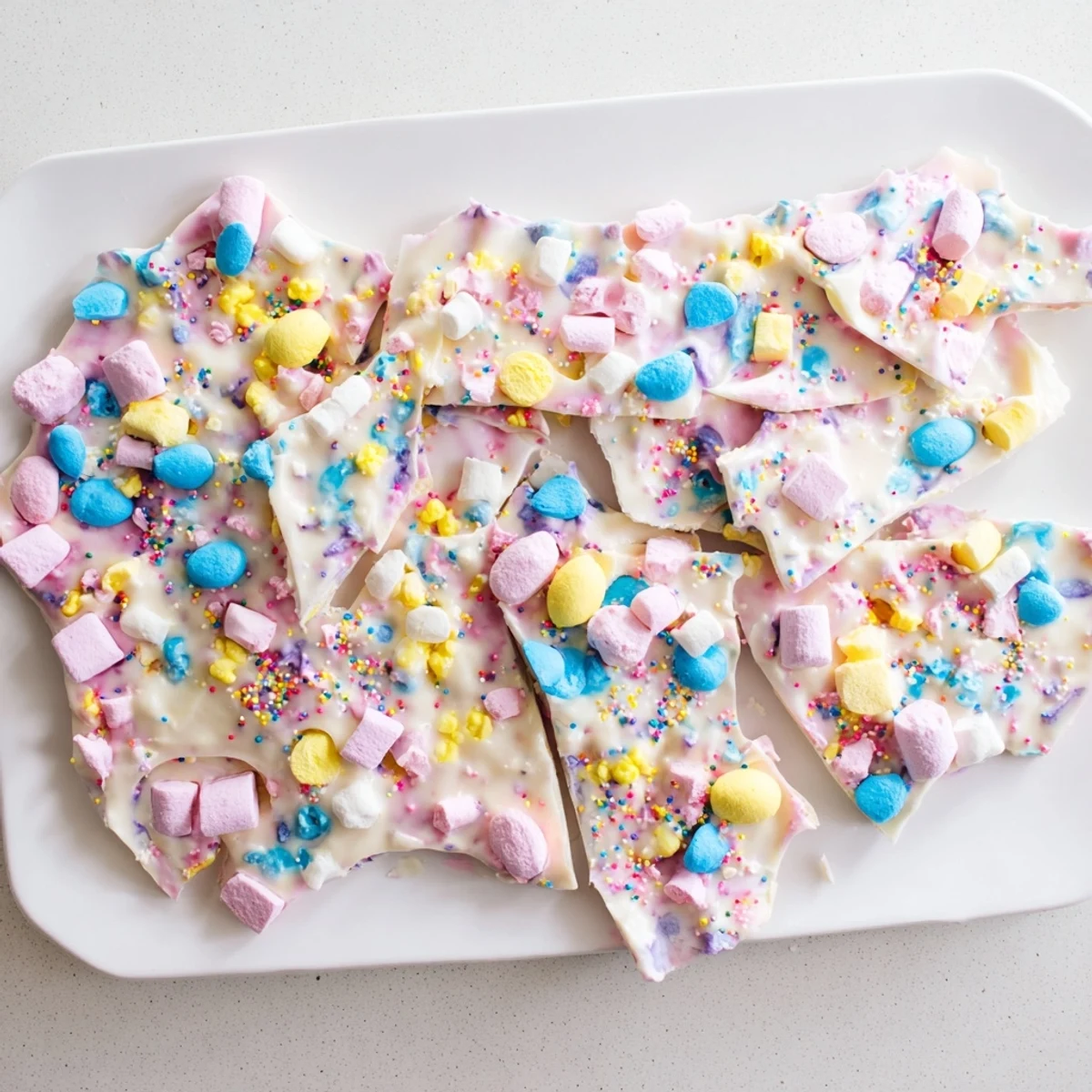 Festive white chocolate Easter marshmallow bark topped with chopped candy eggs and pastel sprinkles