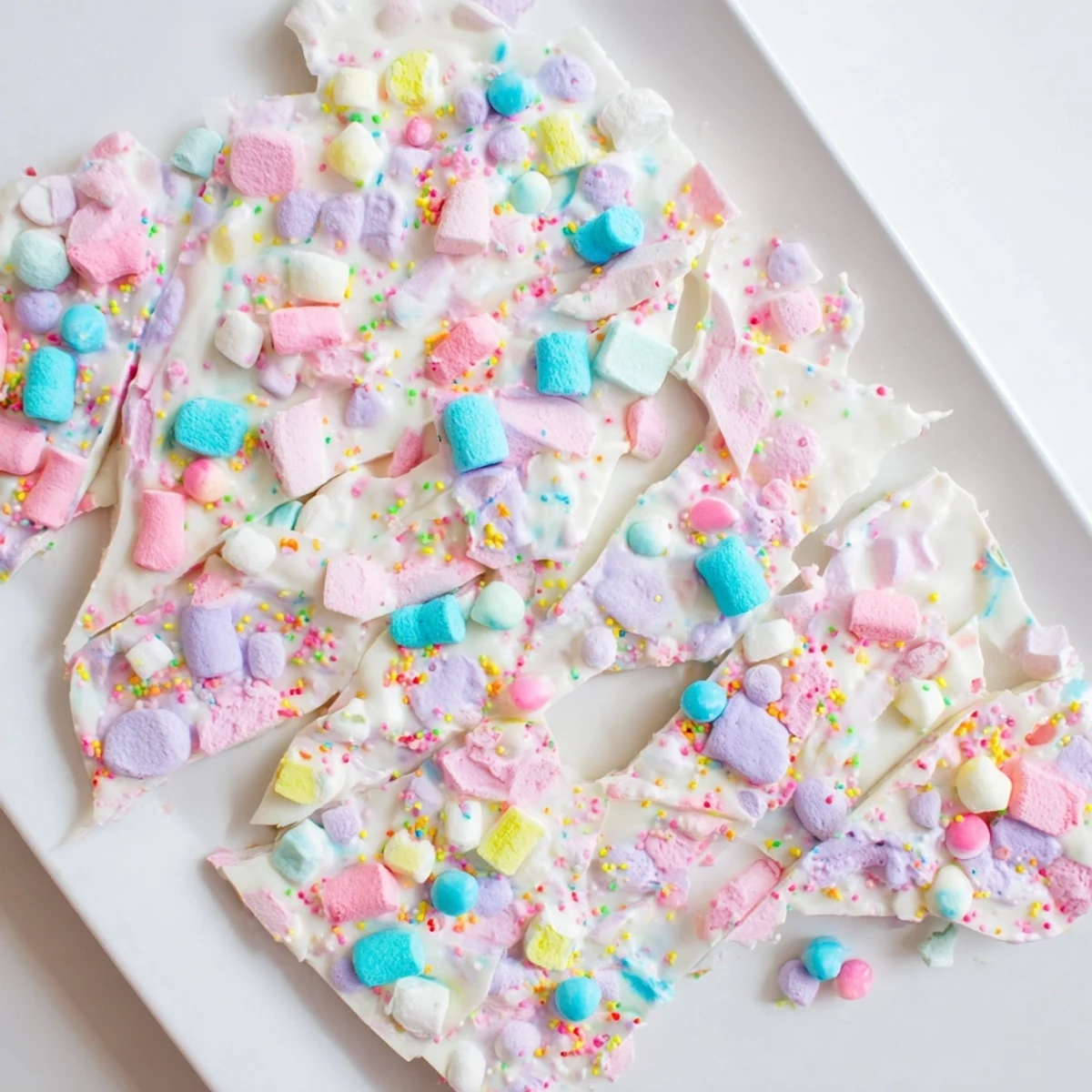 Homemade Easter marshmallow bark featuring melted white chocolate mixed with colorful mini marshmallows