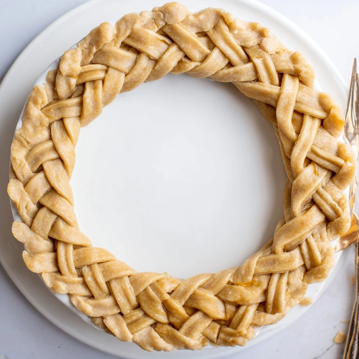 Golden brown fishtail braid pie crust woven around a fruit-filled pie dish with egg-washed finish