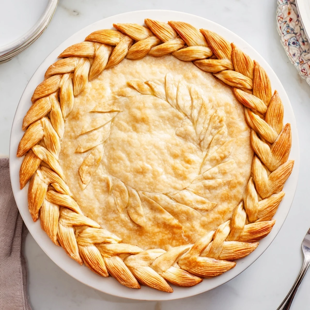 Close-up of golden fishtail braid pie crust detail with flaky texture and braided trim on bakery-style pie