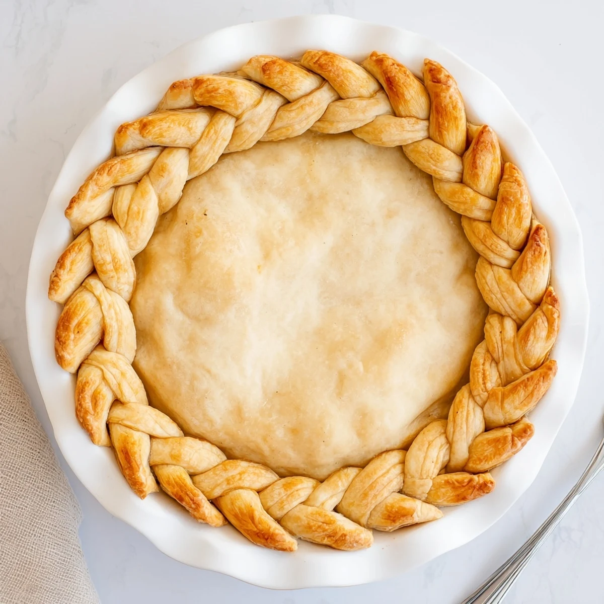 Intricate woven dough strips create decorative fishtail braid pie crust edge for homemade dessert presentation