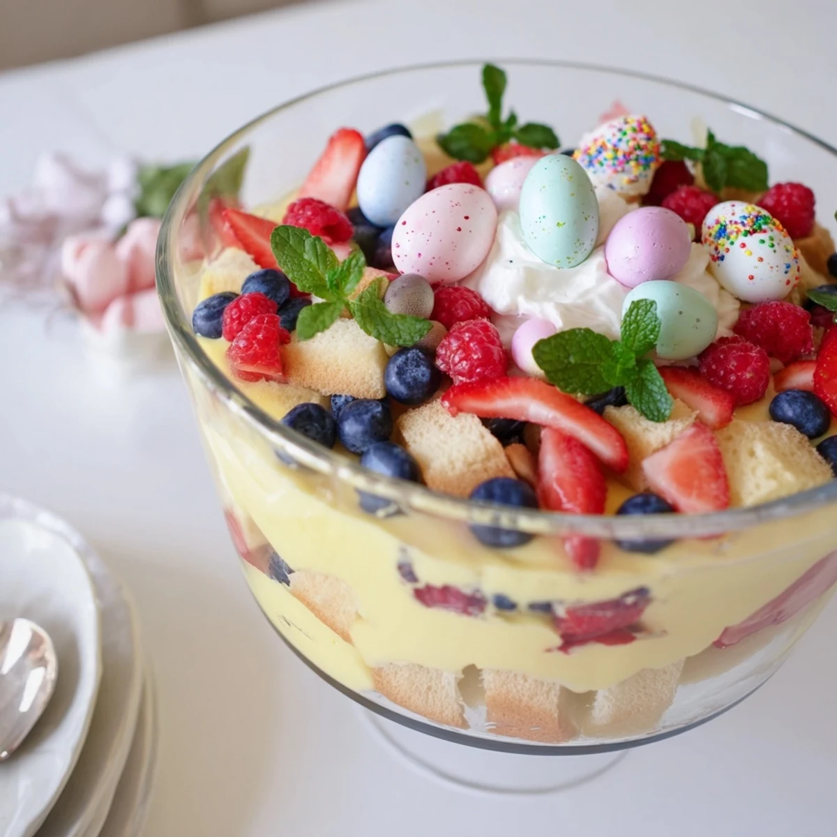 Glass trifle bowl showcasing layered Easter trifle dessert with colorful berries, vanilla custard, and fluffy whipped cream topped with chocolate eggs.