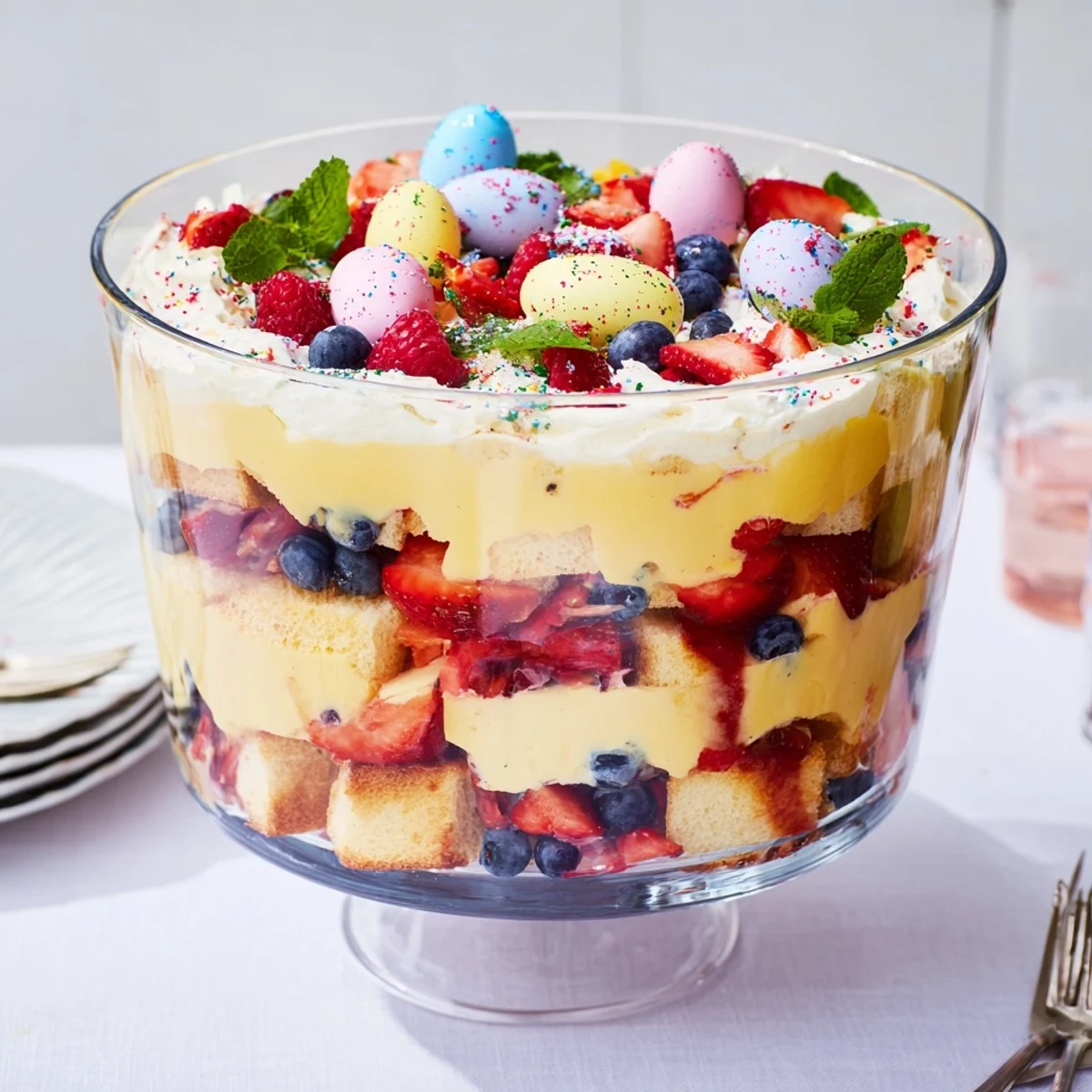 Festive Easter trifle dessert displaying golden sponge cake layers, fresh mixed strawberries and raspberries, creamy custard, and sweet whipped cream.