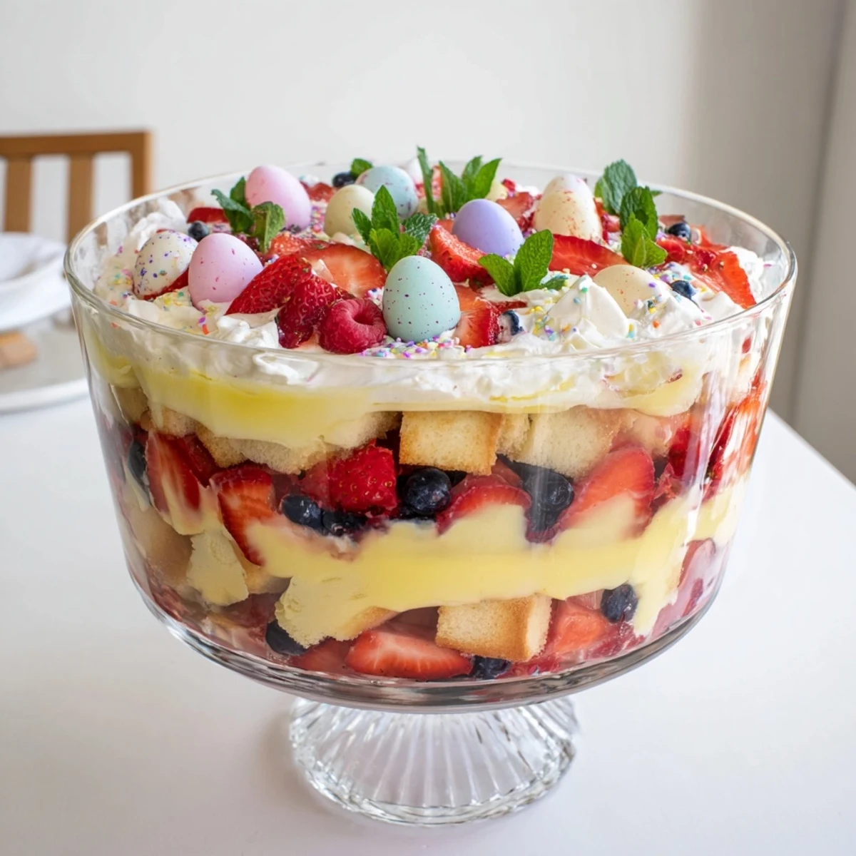 Beautiful Easter trifle dessert in clear glass dish featuring alternating layers of sponge cake, bright red berries, custard, and white cream garnish.