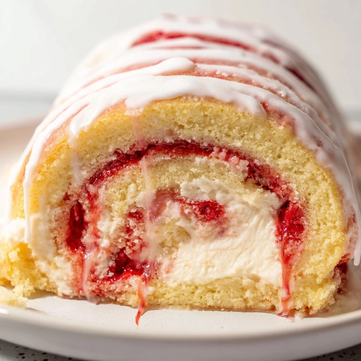 Golden strawberry shortcake cheesecake rolls drizzled with sweet vanilla glaze on a white plate