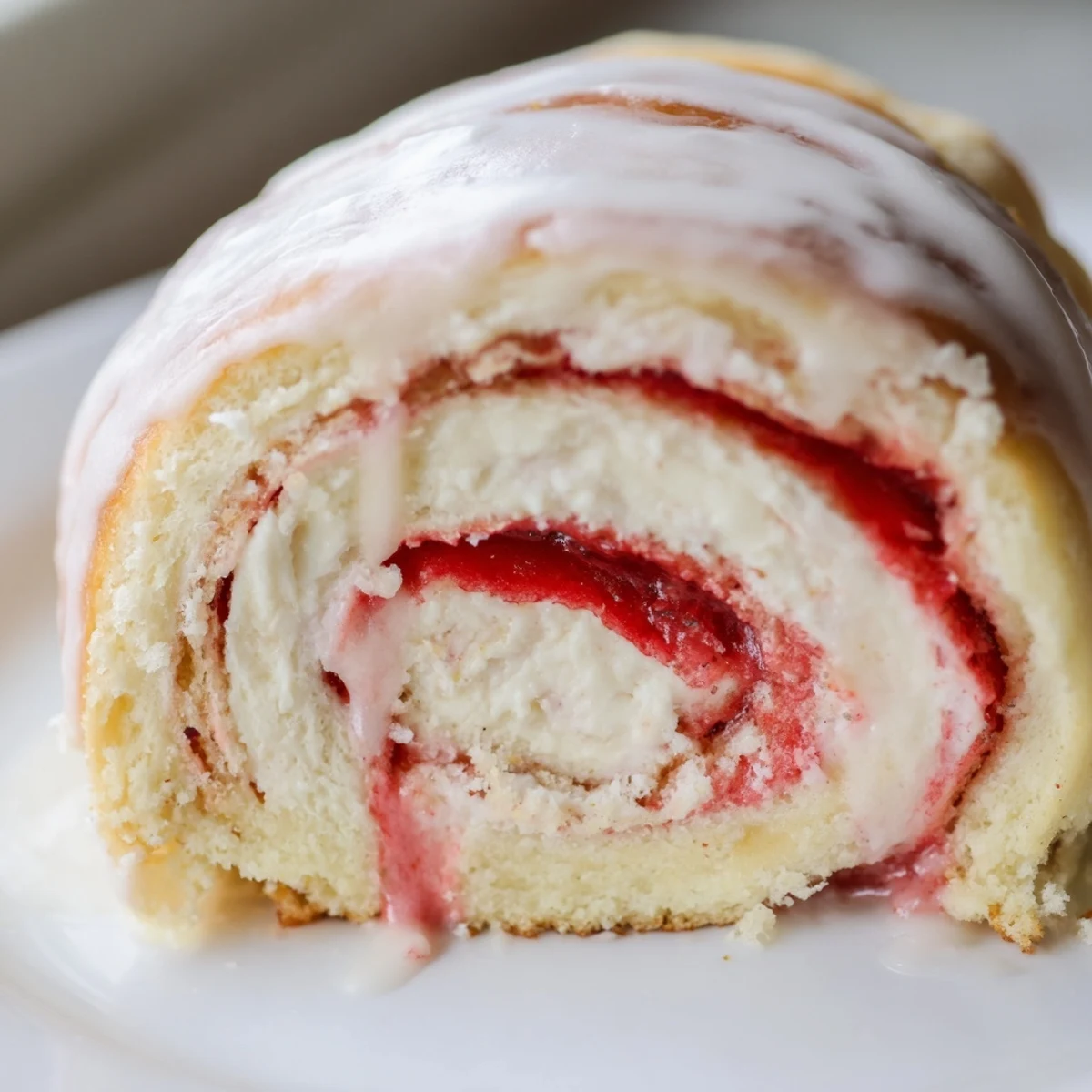 Soft baked rolls swirled with cream cheese filling and bright red fresh strawberries
