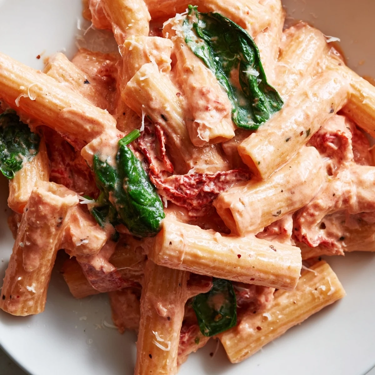 Creamy sun dried tomato spinach pasta in a rustic skillet with vibrant green leaves and rich sauce