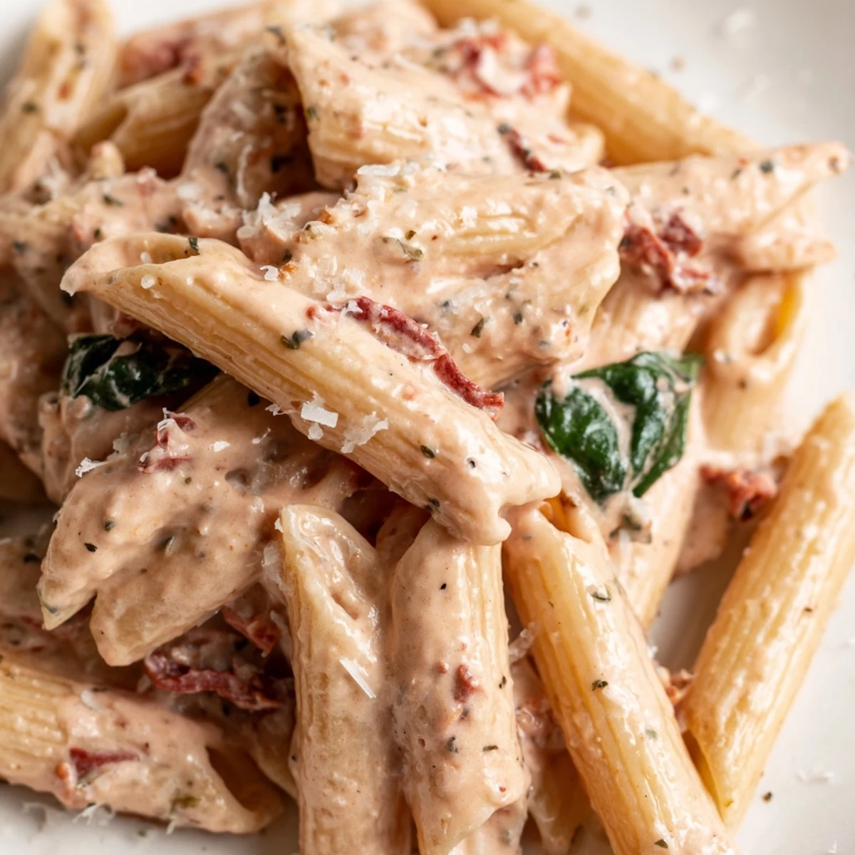 Penne coated in velvety sun dried tomato spinach pasta sauce topped with grated Parmesan cheese