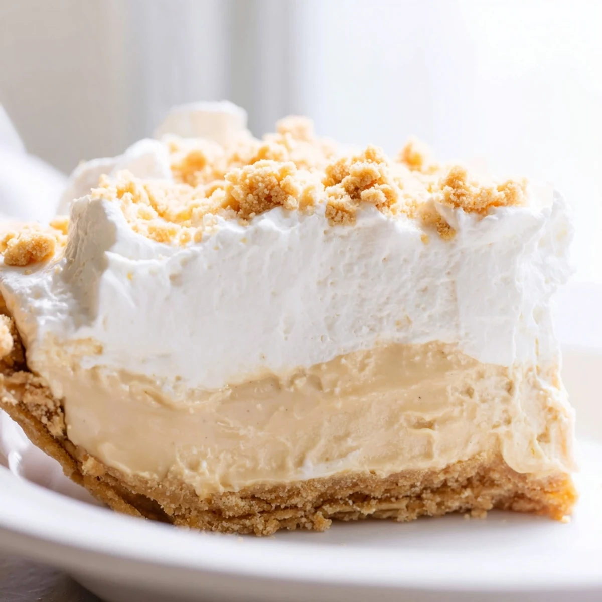 Creamy Amish Peanut Butter Dream Pie topped with fluffy whipped cream and golden crumb topping