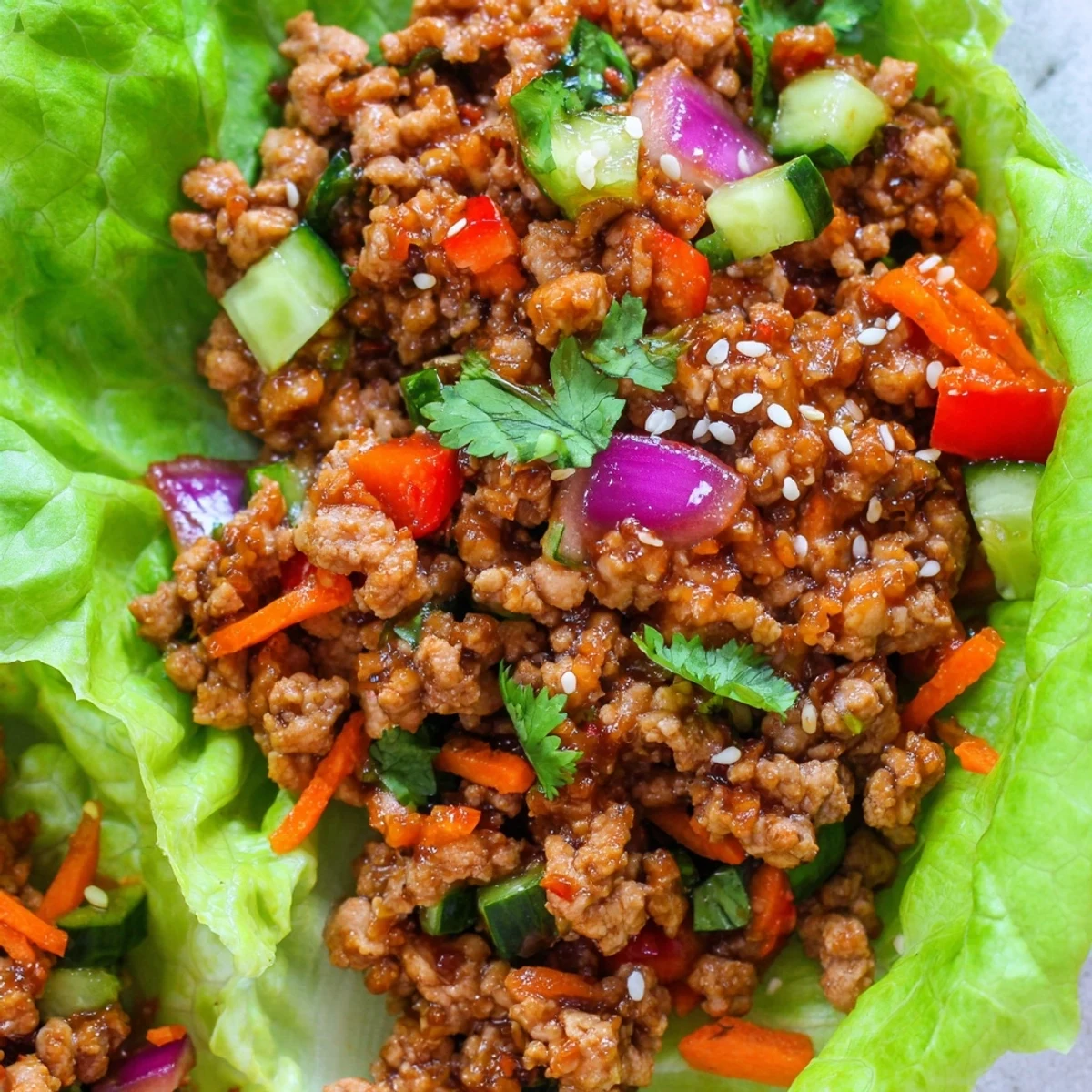 Seasoned ground turkey filling served in crisp romaine lettuce cups with fresh herbs