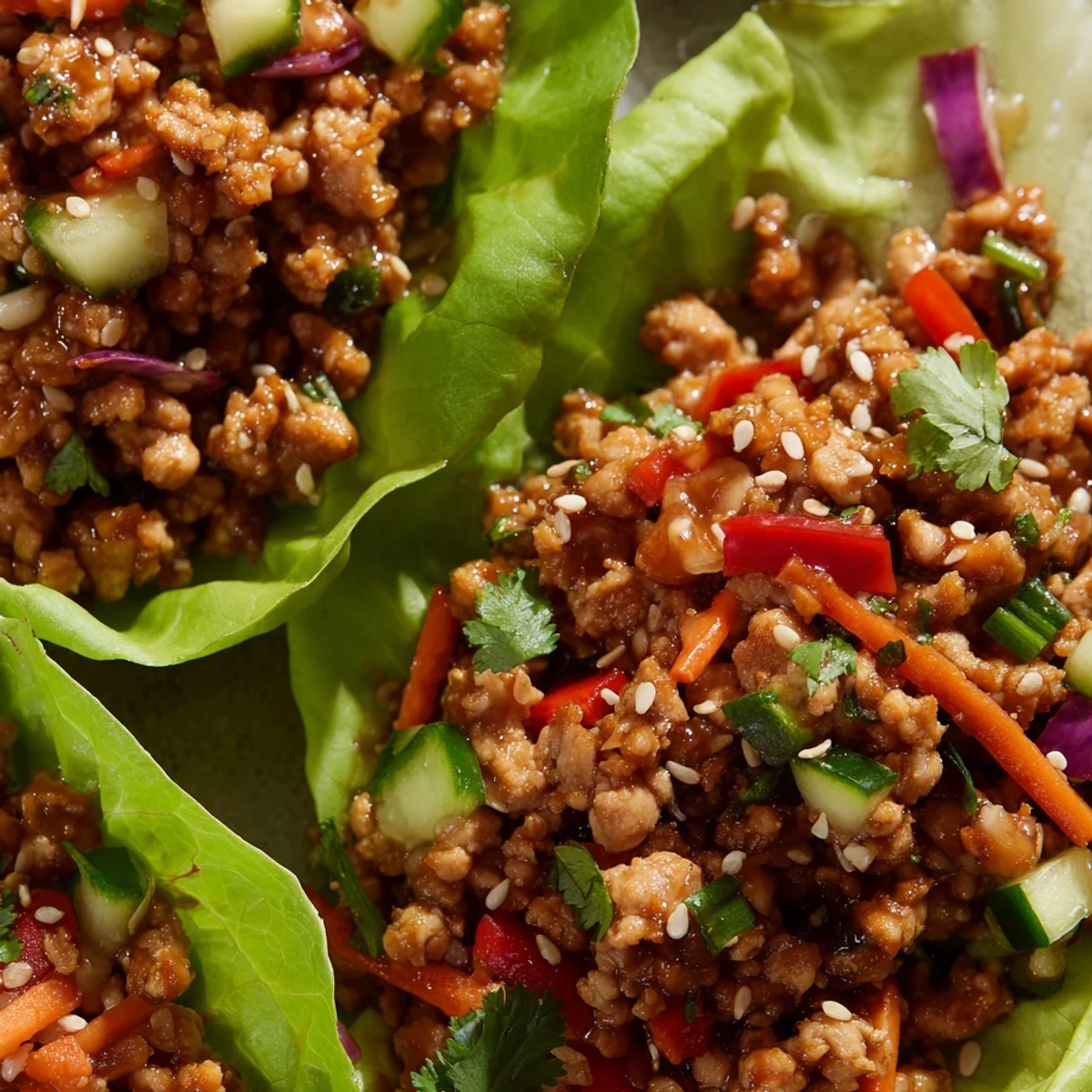 Healthy ground turkey lettuce wrap bowls topped with sesame seeds and lime wedges