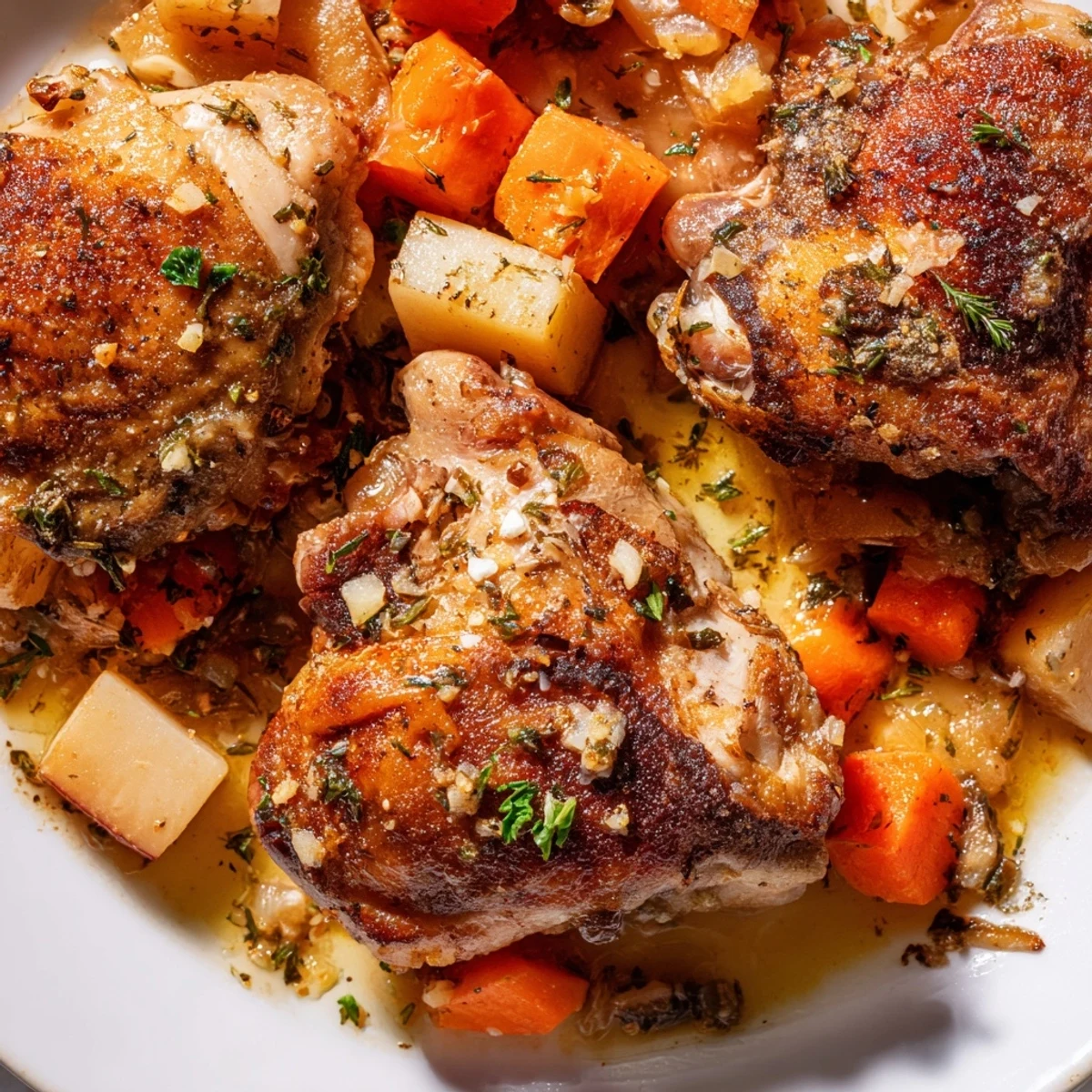 Tender slow cooker chicken dinner with carrots, potatoes, and savory herb gravy in a rustic bowl