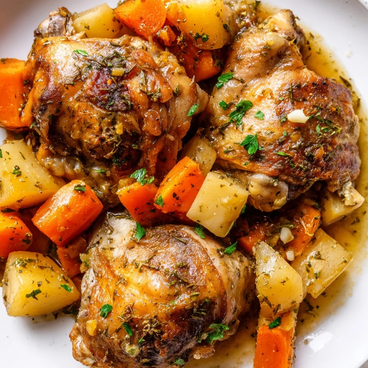 Succulent slow cooker chicken dinner served alongside tender vegetables in rich rosemary-infused broth