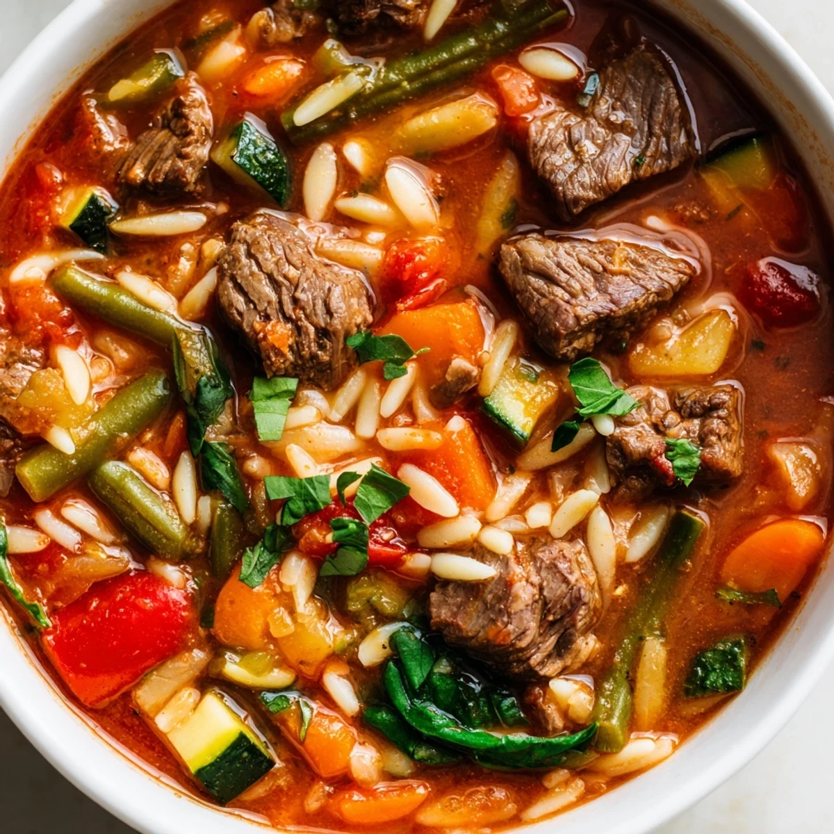 Hearty beef and orzo soup in a white bowl garnished with fresh parsley