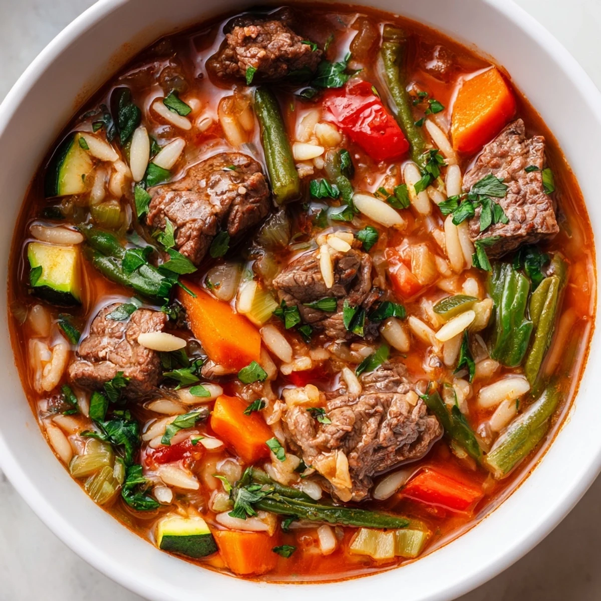 Steaming bowl of hearty beef and orzo soup with colorful garden vegetables