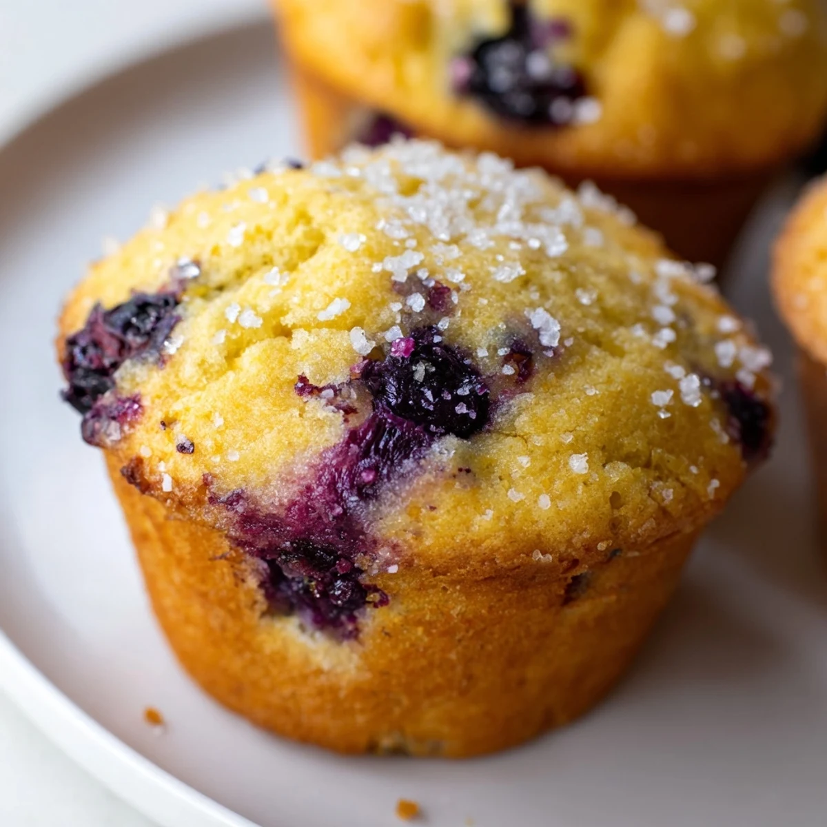Golden lemon blueberry muffins with sparkling sugar tops, fresh from the oven on a wire cooling rack.