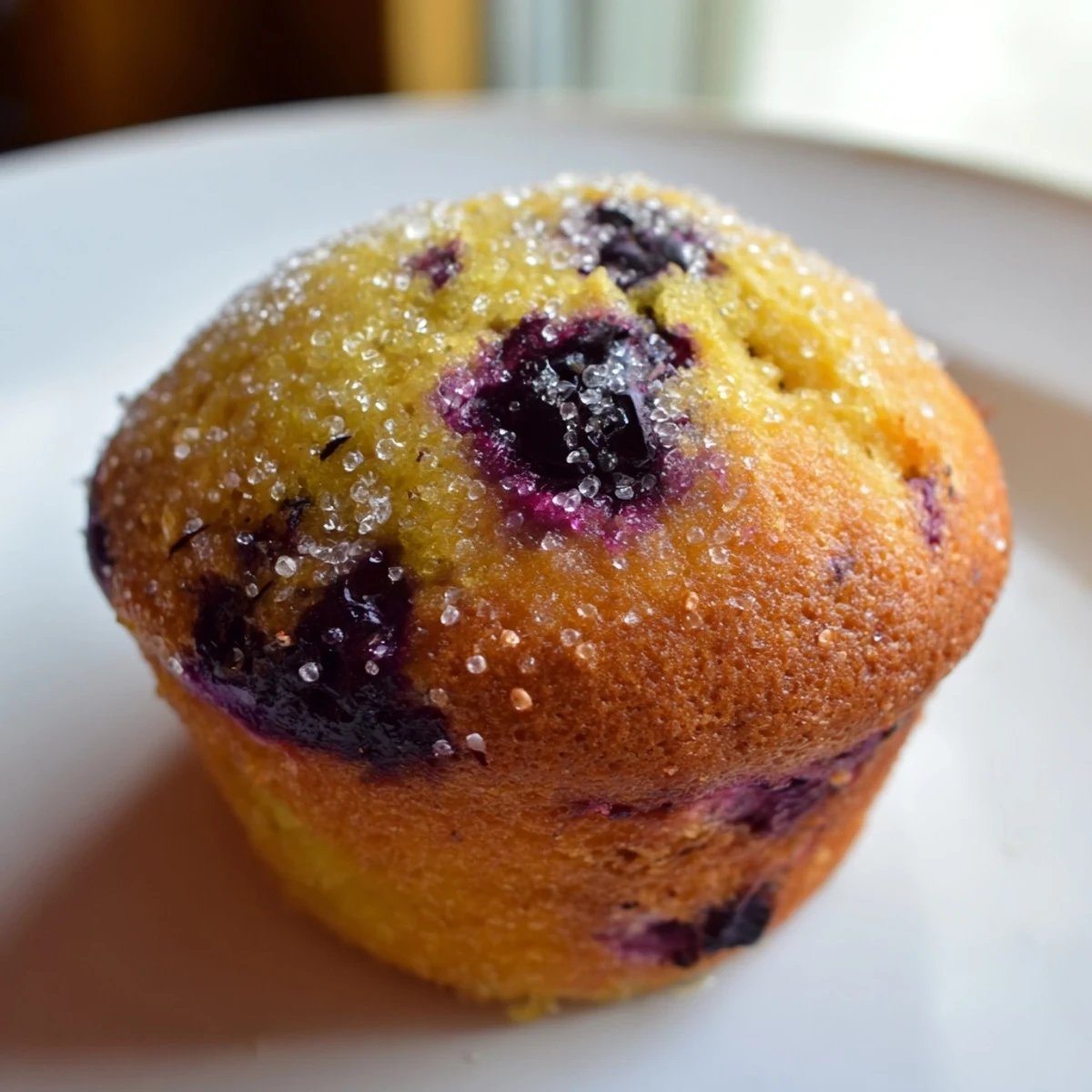 Moist lemon blueberry muffins bursting with juicy berries, arranged on a rustic white ceramic serving plate.
