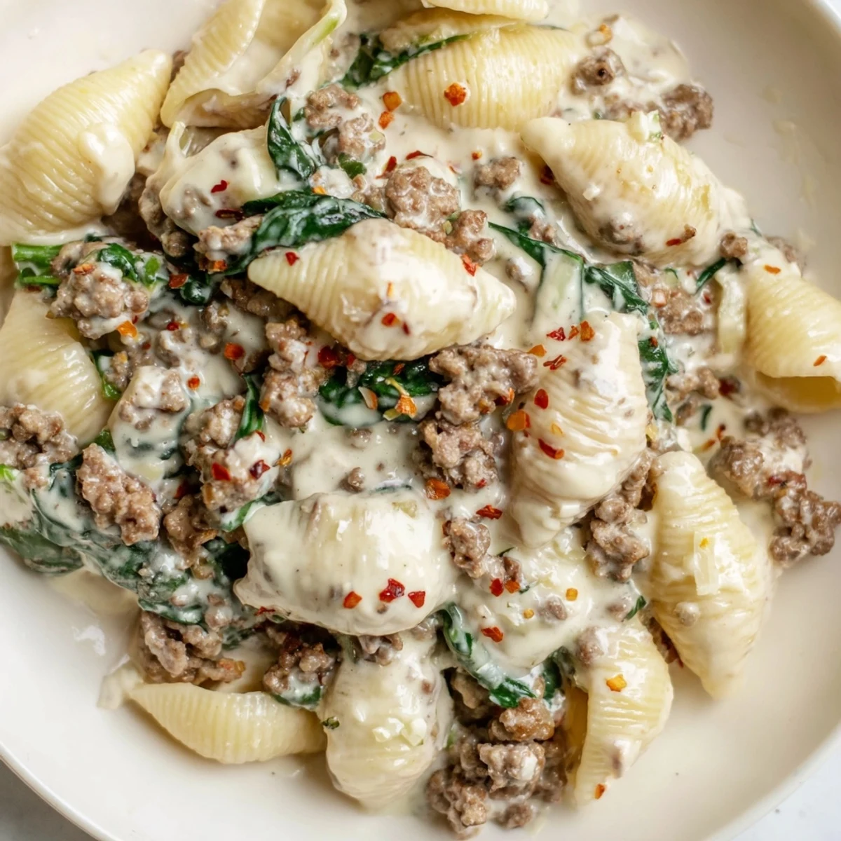 Creamy high protein beef pasta in a white bowl with parmesan and fresh herbs