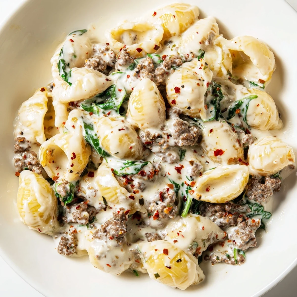 Tender ground beef and spinach tossed in creamy high protein beef pasta sauce