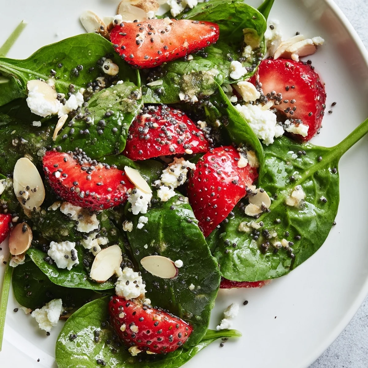 Fresh strawberry spinach salad drizzled with glossy balsamic poppy seed dressing on a white plate