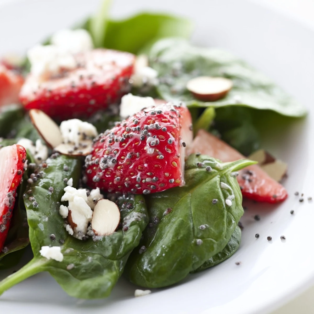 Crisp baby spinach leaves topped with juicy red strawberries and crumbled feta cheese