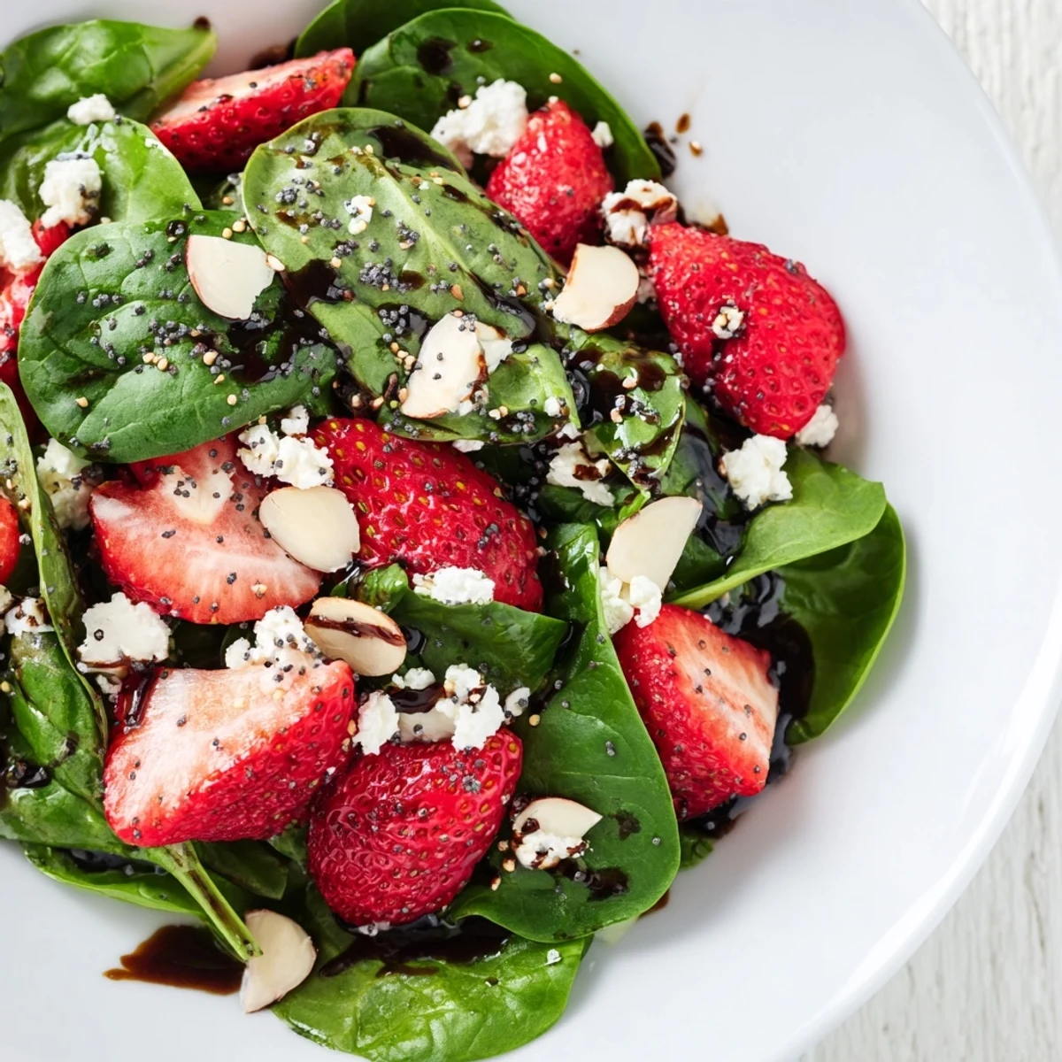 Colorful strawberry spinach salad tossed in tangy balsamic dressing served in a rustic wooden bowl