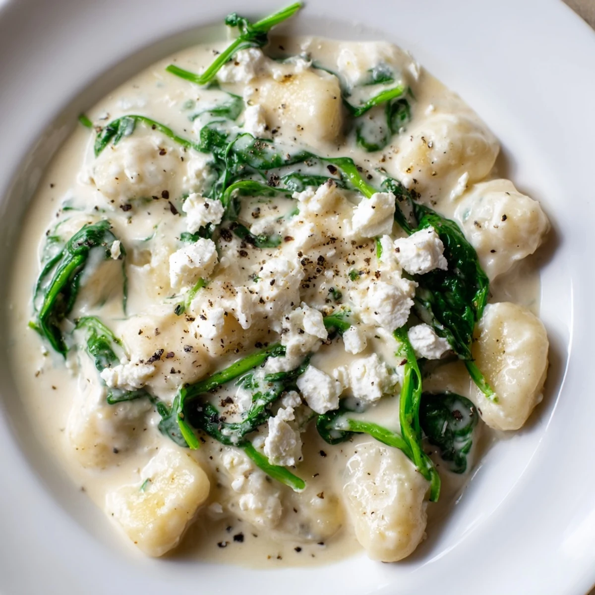 Creamy gnocchi with spinach and feta topped with extra black pepper