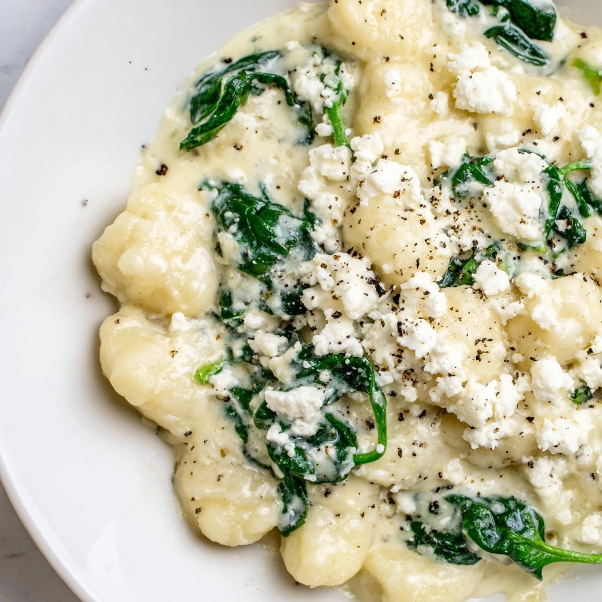 Bowl of creamy gnocchi with spinach and feta garnished with fresh herbs