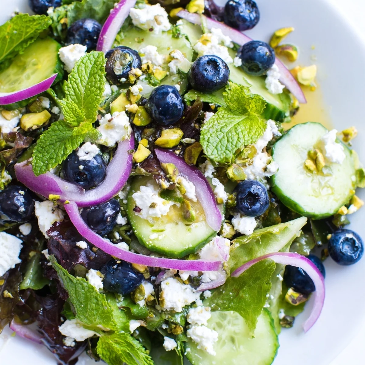 Fresh Blueberry Pistachio Spring Salad drizzled with bright lemon-honey vinaigrette in bowl