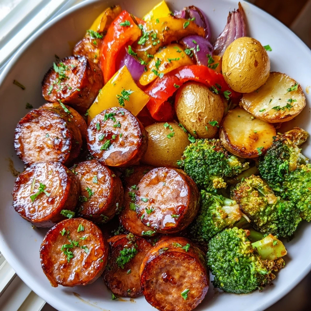 Glossy honey garlic kielbasa with roasted veggies on a sheet pan