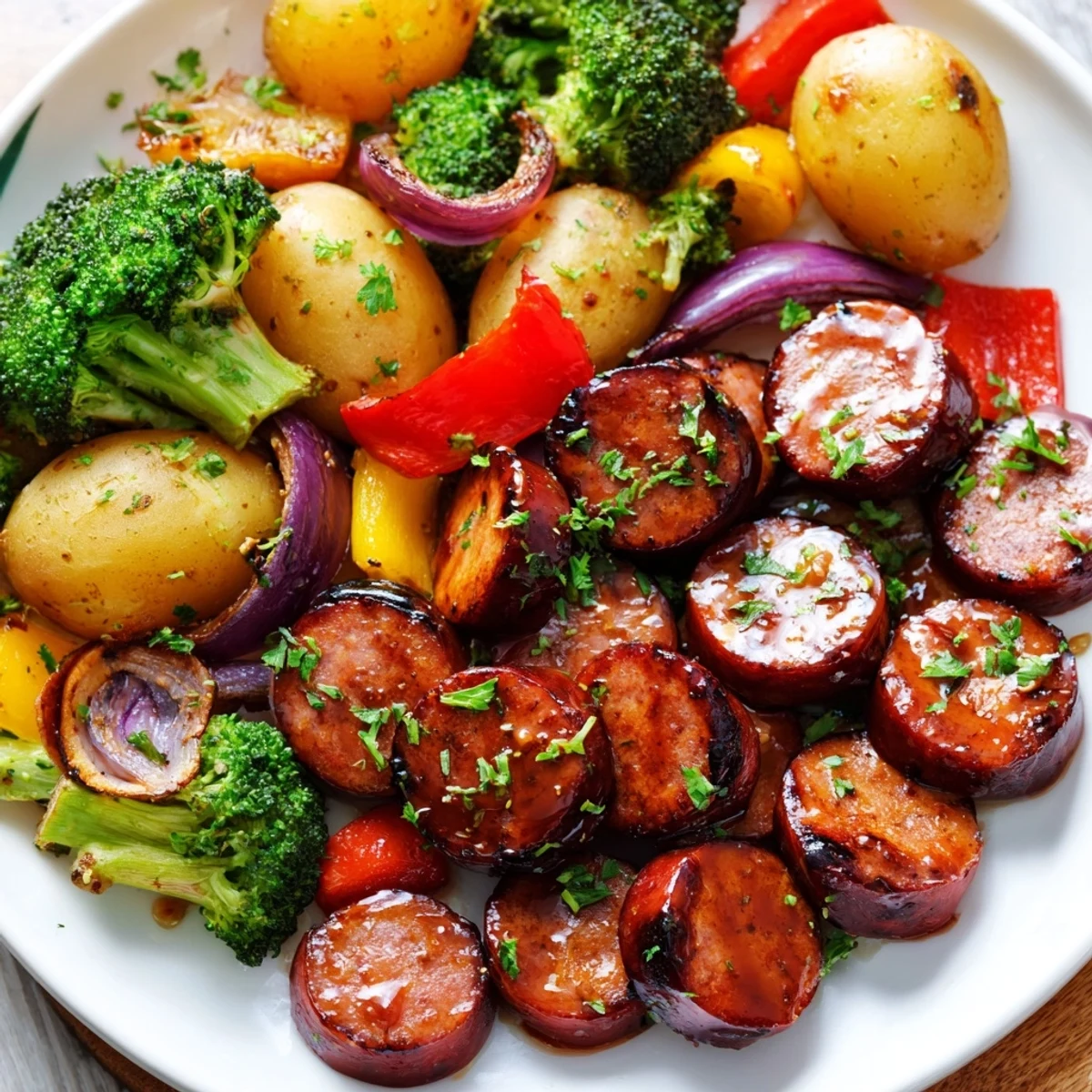 Caramelized kielbasa slices surrounded by tender colorful vegetables in sticky honey garlic glaze