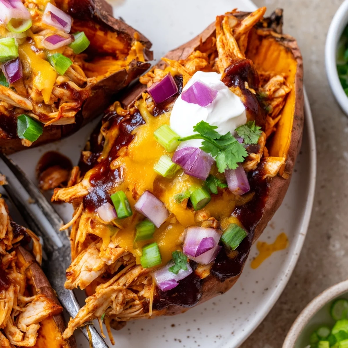 Tender roasted sweet potato split open and piled high with smoky BBQ chicken and melted cheddar cheese.