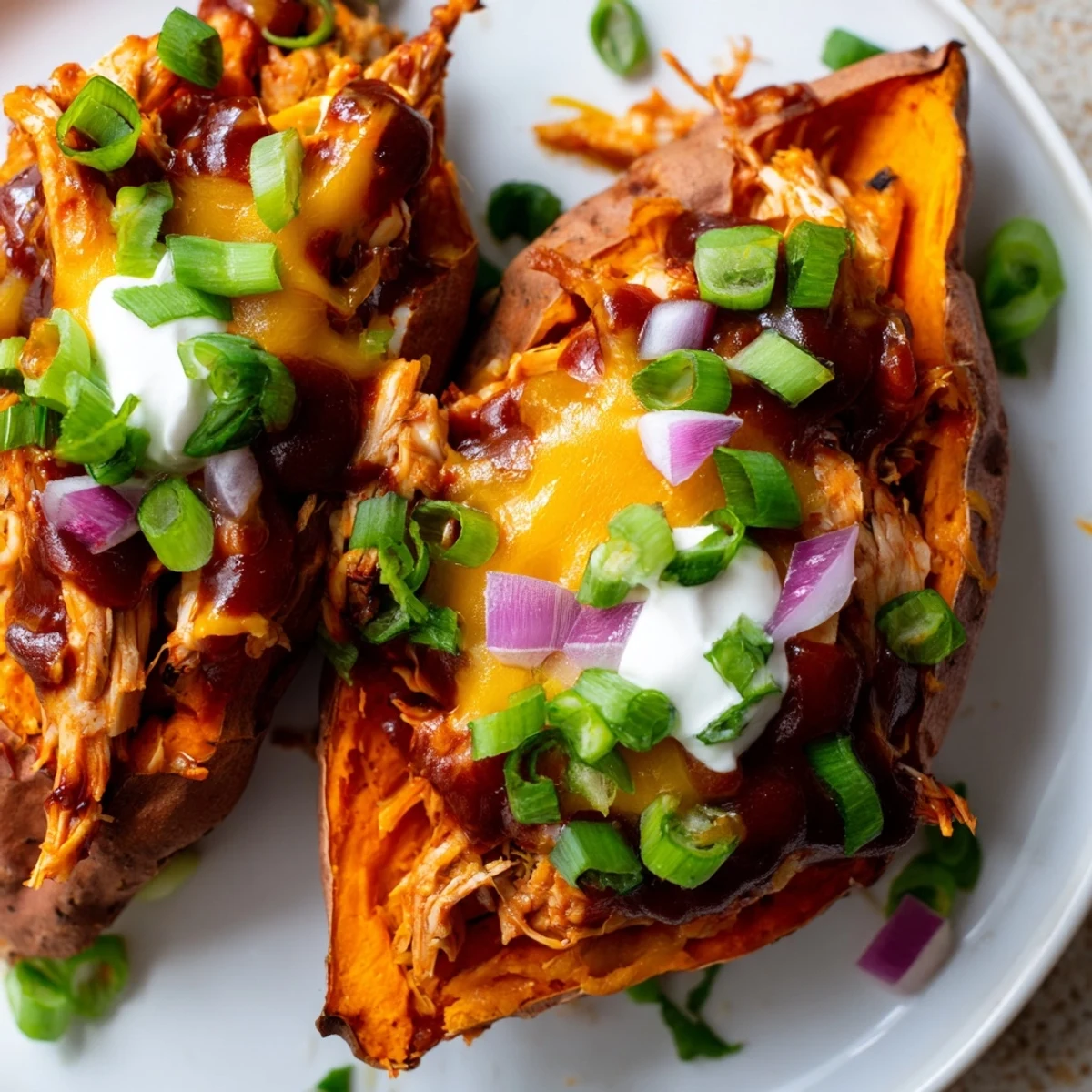 BBQ chicken stuffed sweet potatoes topped with green onions and a creamy sour cream dollop.