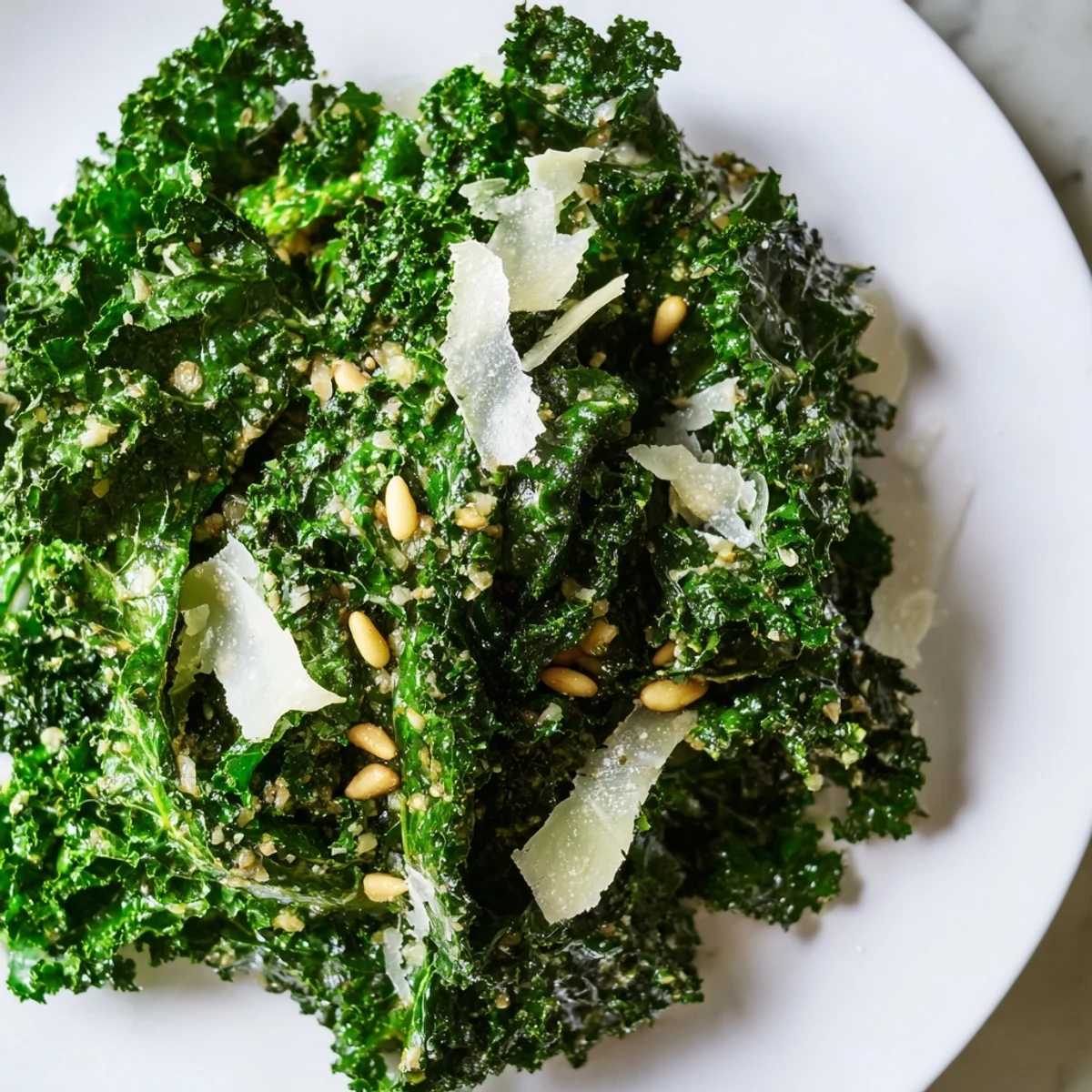 Bright Garlic Lemon Parmesan Kale Salad topped with shaved cheese and toasted pine nuts