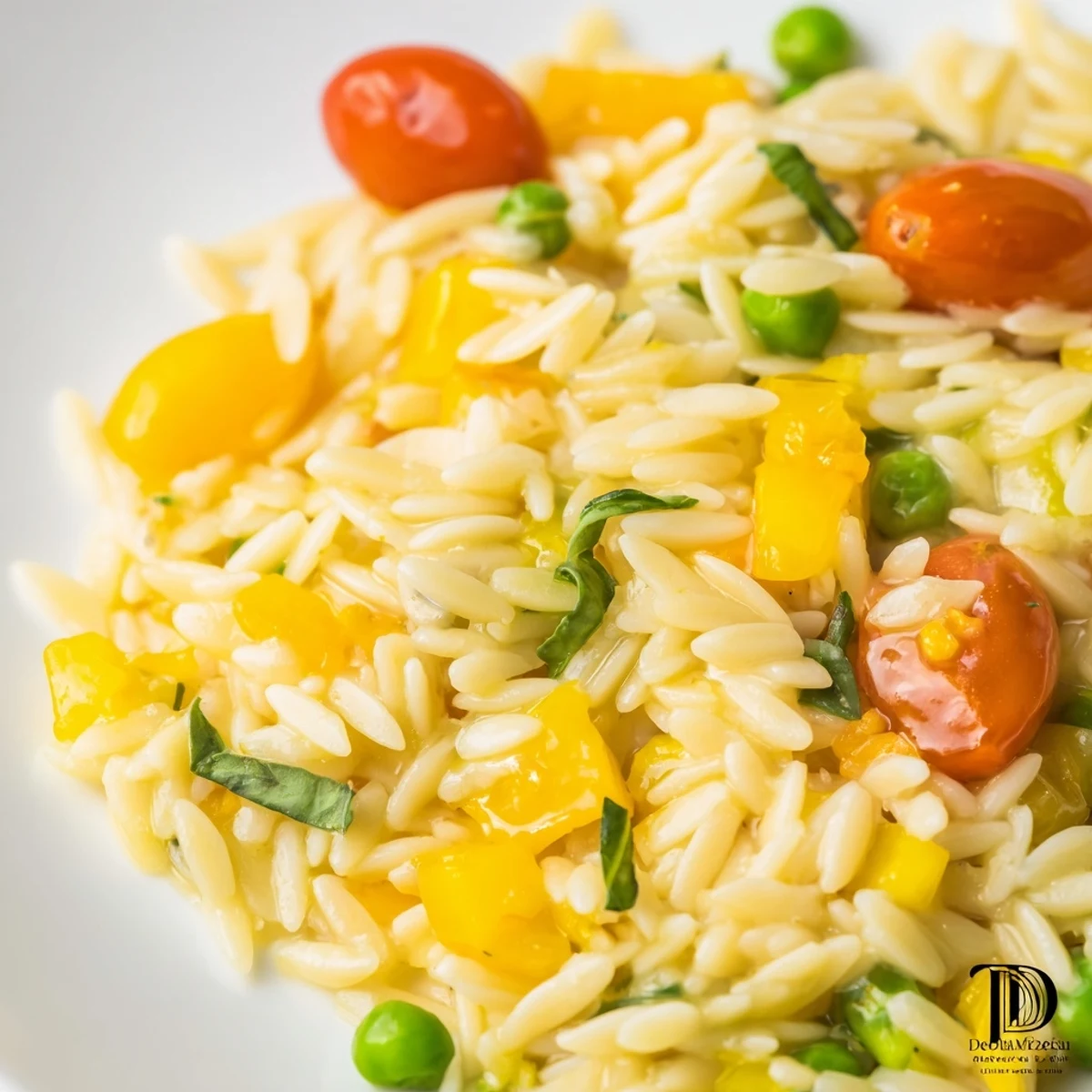 Creamy Orzo Primavera tossed with bright spring vegetables in a warm skillet