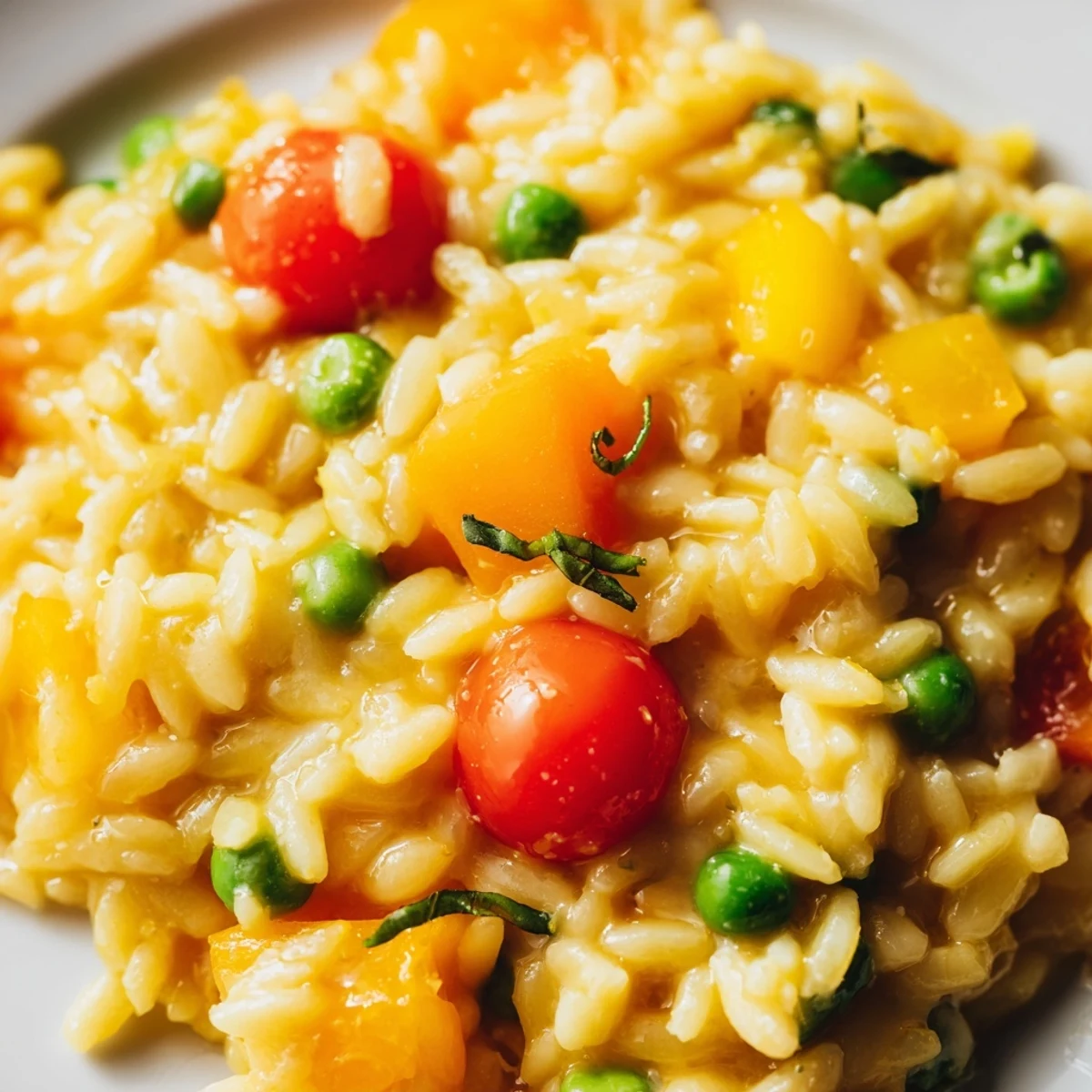 Orzo Primavera plated on a white dish garnished with fresh basil leaves