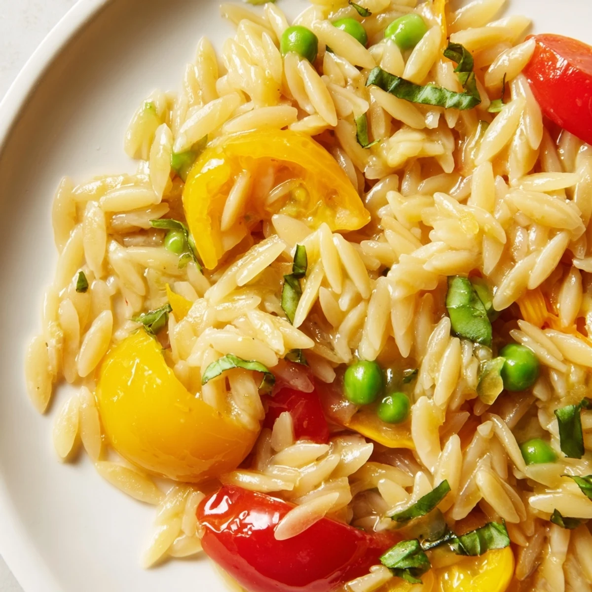 Steaming bowl of Orzo Primavera topped with grated Parmesan and chopped herbs