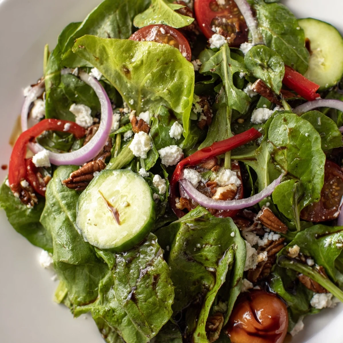 A vibrant spring mix salad topped with halved cherry tomatoes, crumbled feta, and toasted pecans